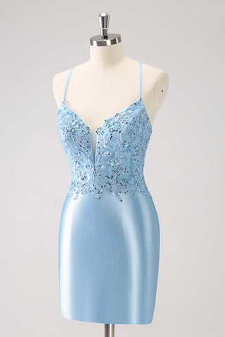 Blue Spaghetti Straps Sequined Tight Homecoming Dress