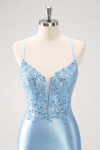 Blue Spaghetti Straps Sequined Tight Homecoming Dress