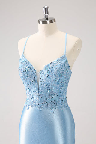 Blue Spaghetti Straps Sequined Tight Homecoming Dress