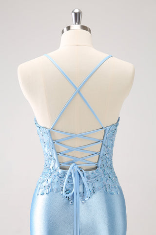 Blue Spaghetti Straps Sequined Tight Homecoming Dress