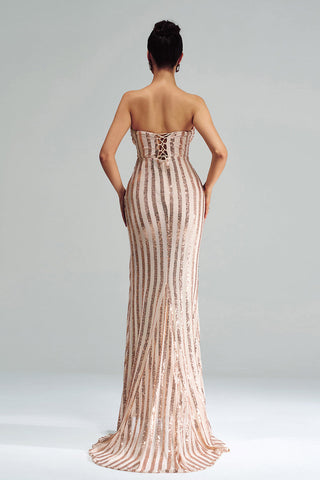 Apricot Mermaid Strapless Sequined Split maxi Dress