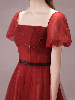 A-Line Burgundy Tulle Tea Dress