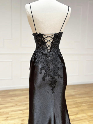 Mermaid V Neck Satin Lace Black Dress