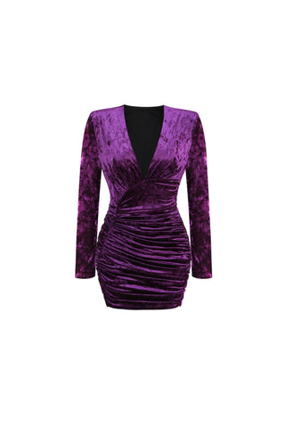 PURPLE V NECK RUCHED VELVET MINI DRESS