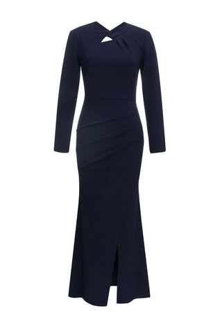 Long sleeve split maxi dresses in dark blue