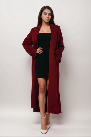 Luxurious Deep Red Belted Wool Coat with Oversized Fit