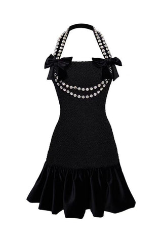 Rhinestone embellished halter mini dress in black