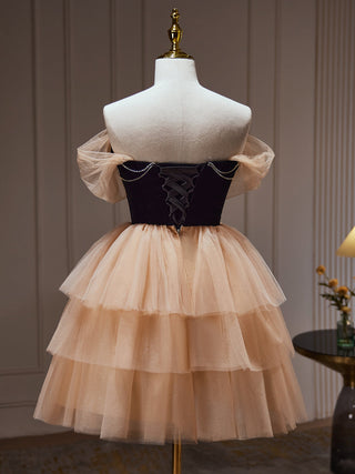 A-Line Tulle Champagne mini Prom Dress