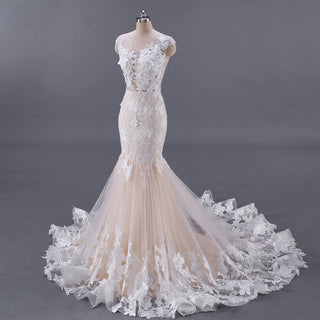 champagne tulle lace prom dress