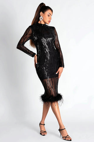 Smendes Sequin Mesh Feather Dress