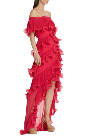 DORA ROSE RED OFF-SHOULDER PLEATED ORGANZA MAXI DRESS