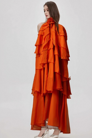 Carrie orange halterneck flounced maxi dress