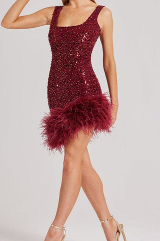 RED FEATHER SEQUIN DRESS