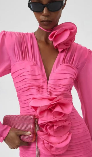 V NECK PINK RUCHED MINI DRESS