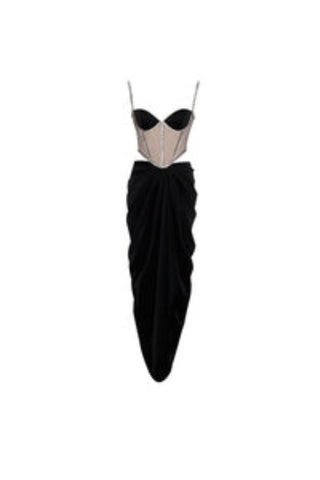 Black Satin Crystal Embellished Corset Dress