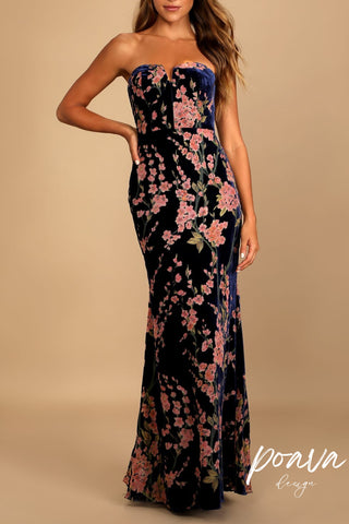 Navy Blue Floral Print Velvet Strapless Maxi Dress