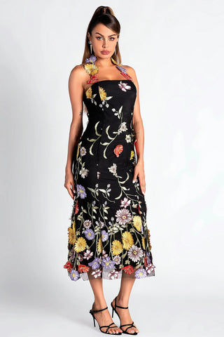 HALTER EMBROIDER FLORAL MIDI DRESS IN BLACK