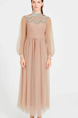 Calixte pink embellished tulle midi dress