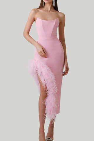 FEATHER TRIM SPLIT MIDI DRESS IN BUBBLEGUM