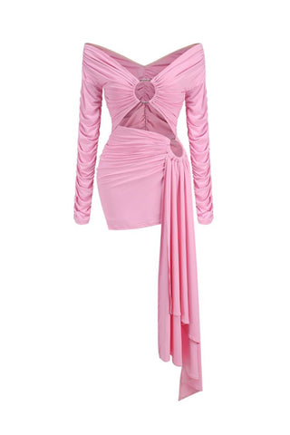 Long sleeve drape mini dresses in pink