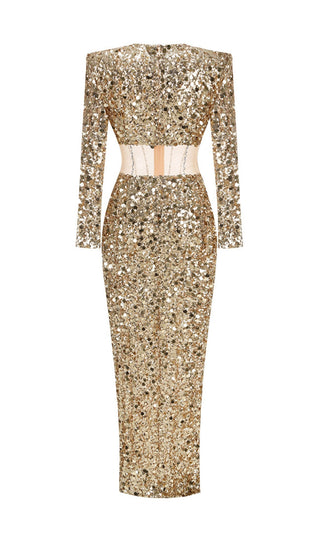 sequin long sleeve maxi dress in gold