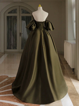 A-Line Puff Sleeves Olive Green Satin Prom Dress