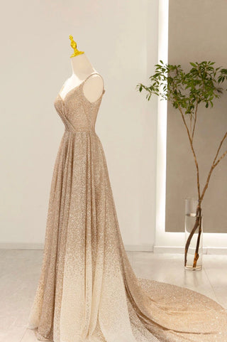 Gold V-Neck Sequins Prom Dress