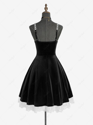 Gothic Plus Size Rose Flower Mesh Jacquard Lace Trim Contrast Piping Velvet A Line Dress