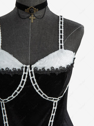 Gothic Plus Size Rose Flower Mesh Jacquard Lace Trim Contrast Piping Velvet A Line Dress