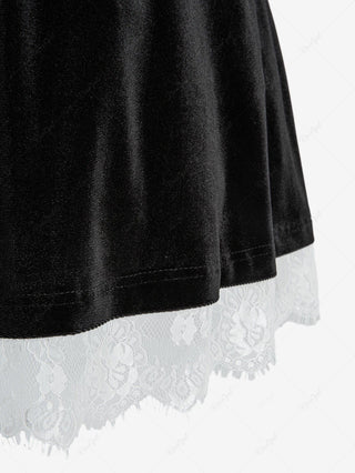 Gothic Plus Size Rose Flower Mesh Jacquard Lace Trim Contrast Piping Velvet A Line Dress