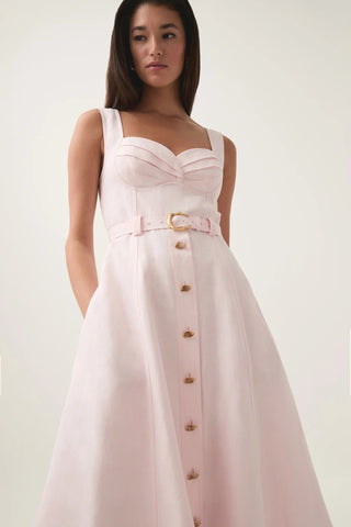 sweetheart neckline belted midi dress in pink