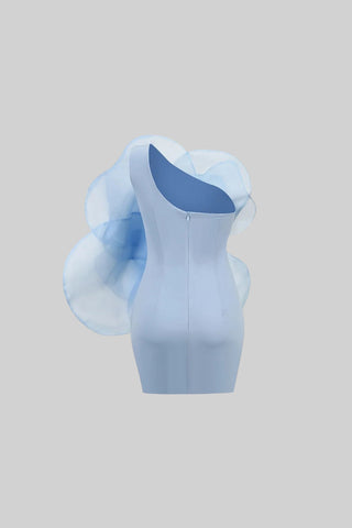 3D Voluminous Organza Floral Mini Dress - Blue