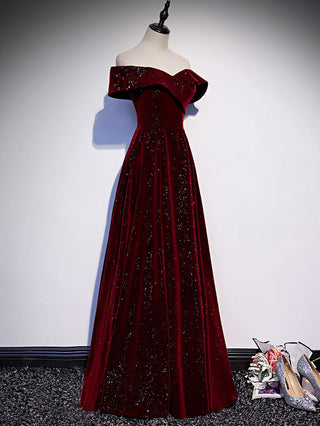 A-Line Off Shoulder Velvet Burgundy Dress