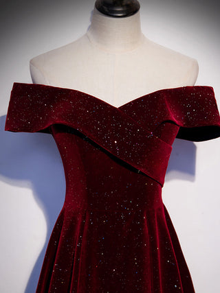 A-Line Off Shoulder Velvet Burgundy Dress