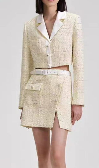 YELLOW COLOR LIGHT THIN TWEED SHORT COAT & SKIRT