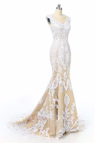 champagne tulle lace prom dress