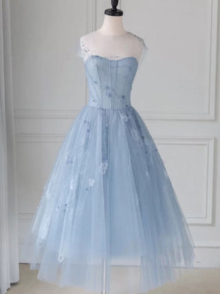 Blue tulle midi prom dress