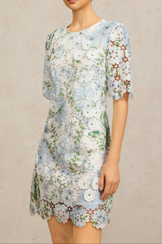 hazel Floral Printed Lace Mini Dress in sky blue