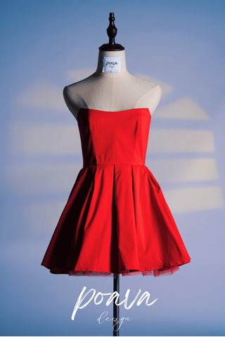 ITALIAN TOMATO STRAPLESS PLEATED MINI DRESS