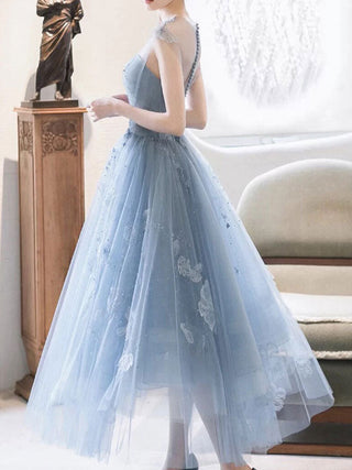 Blue tulle midi prom dress