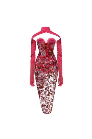 ZIEGLER STRAPLESS FLORAL SPLIT MIDI DRESS IN RED