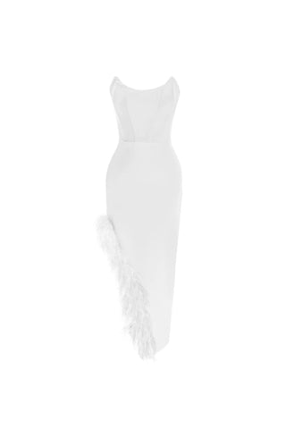 STRAPLESS FEATHER MIDI DRESS IN WHITE