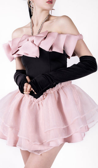 BLACK-PINK BOW RHINESTONE FLARE DRESS