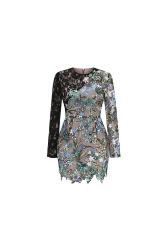 LONG SLEEVE LACE SEQUIN FLORAL DRESS