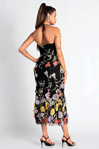 HALTER EMBROIDER FLORAL MIDI DRESS IN BLACK