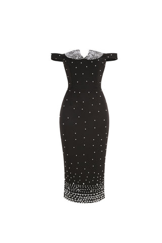 pearl polka dots embellished midi dress in black