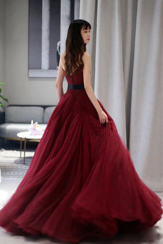 A line burgundy tulle dress