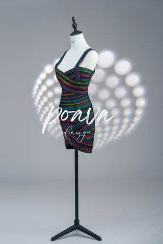 Metallic Rainbow Houndstooth Bandage Dress