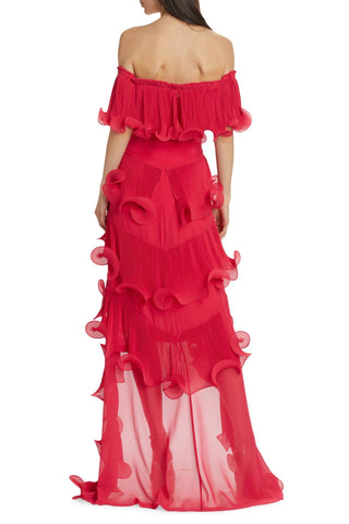 DORA ROSE RED OFF-SHOULDER PLEATED ORGANZA MAXI DRESS