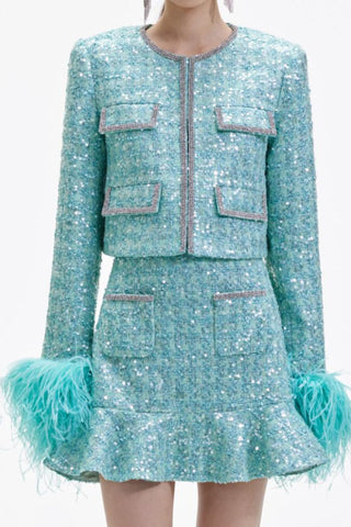 STEPHANIE BOUCLE FEATHER JACKET SUIT IN GREEN